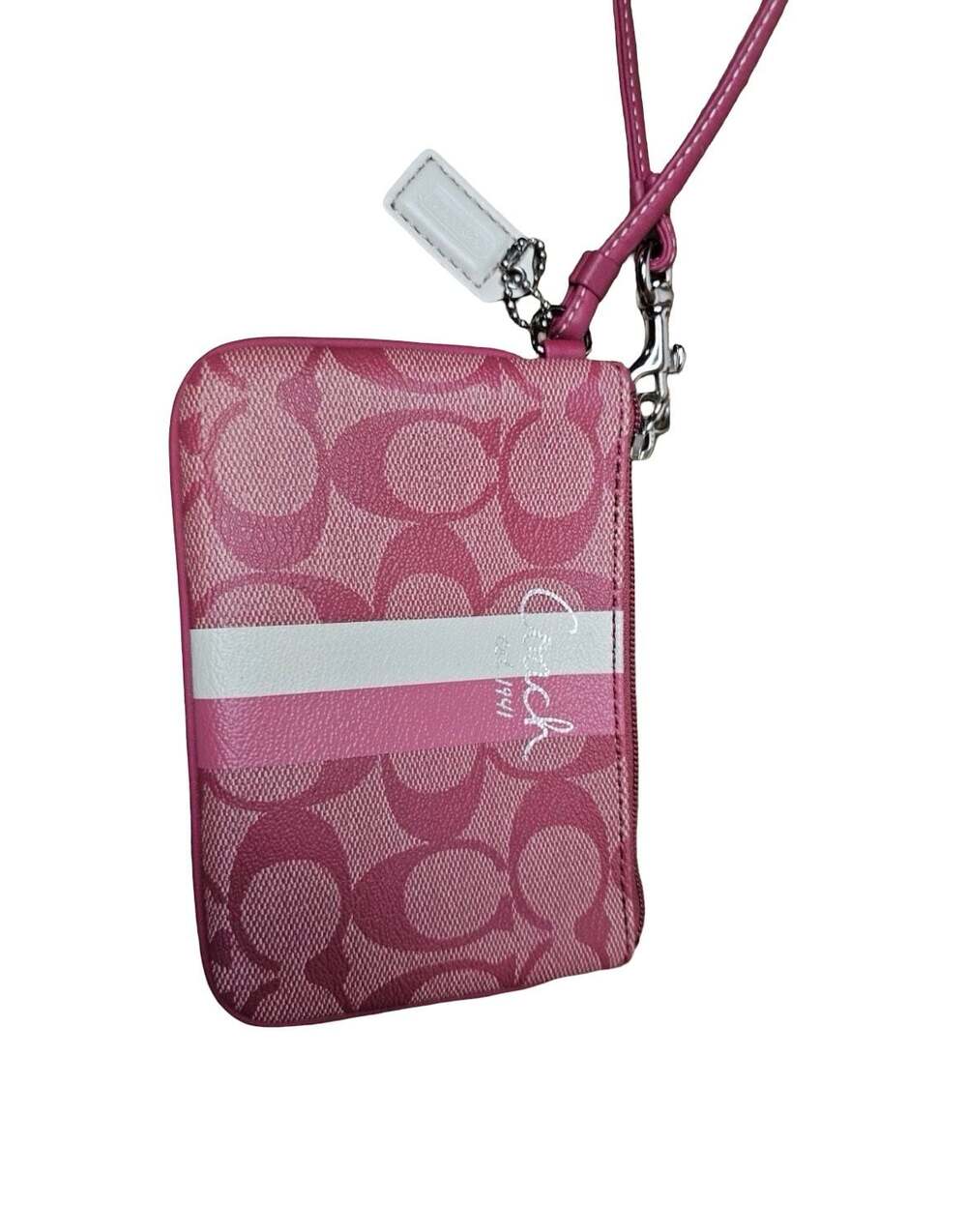 Coach Signature Stripe Pink Jacquard Wristlet with Script Logo
